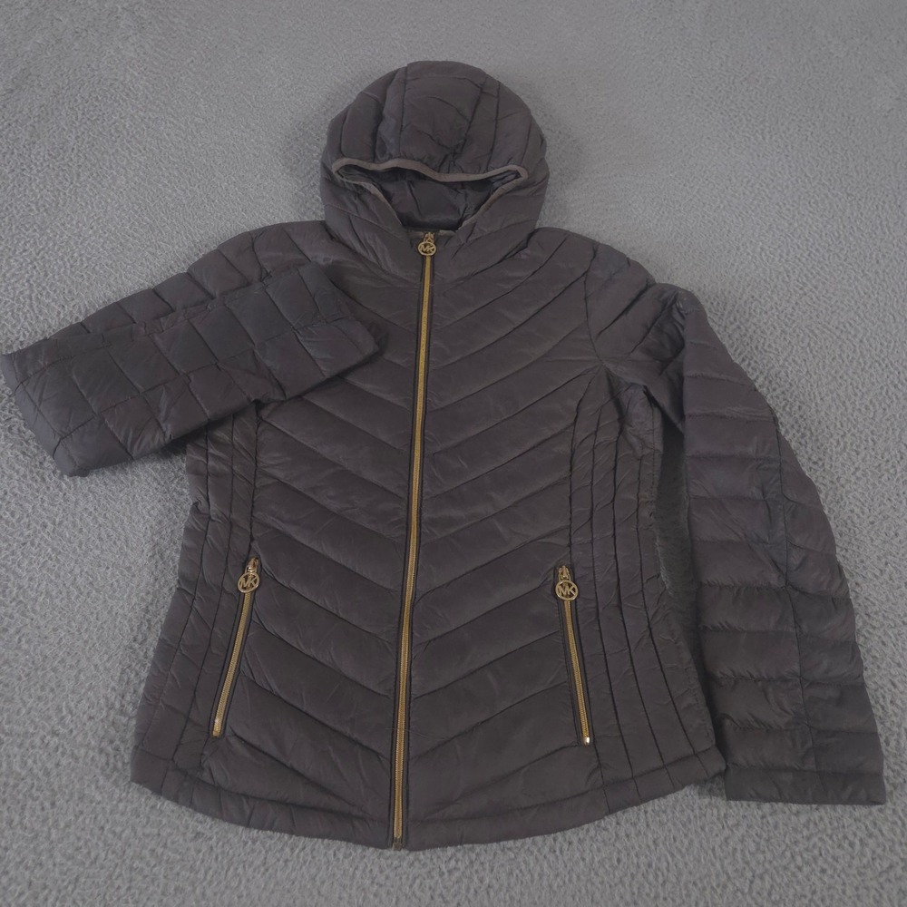 Michael Kors‎ Jacket Womens Small Brown Packable Down Fill Hooded Quilted Puffer